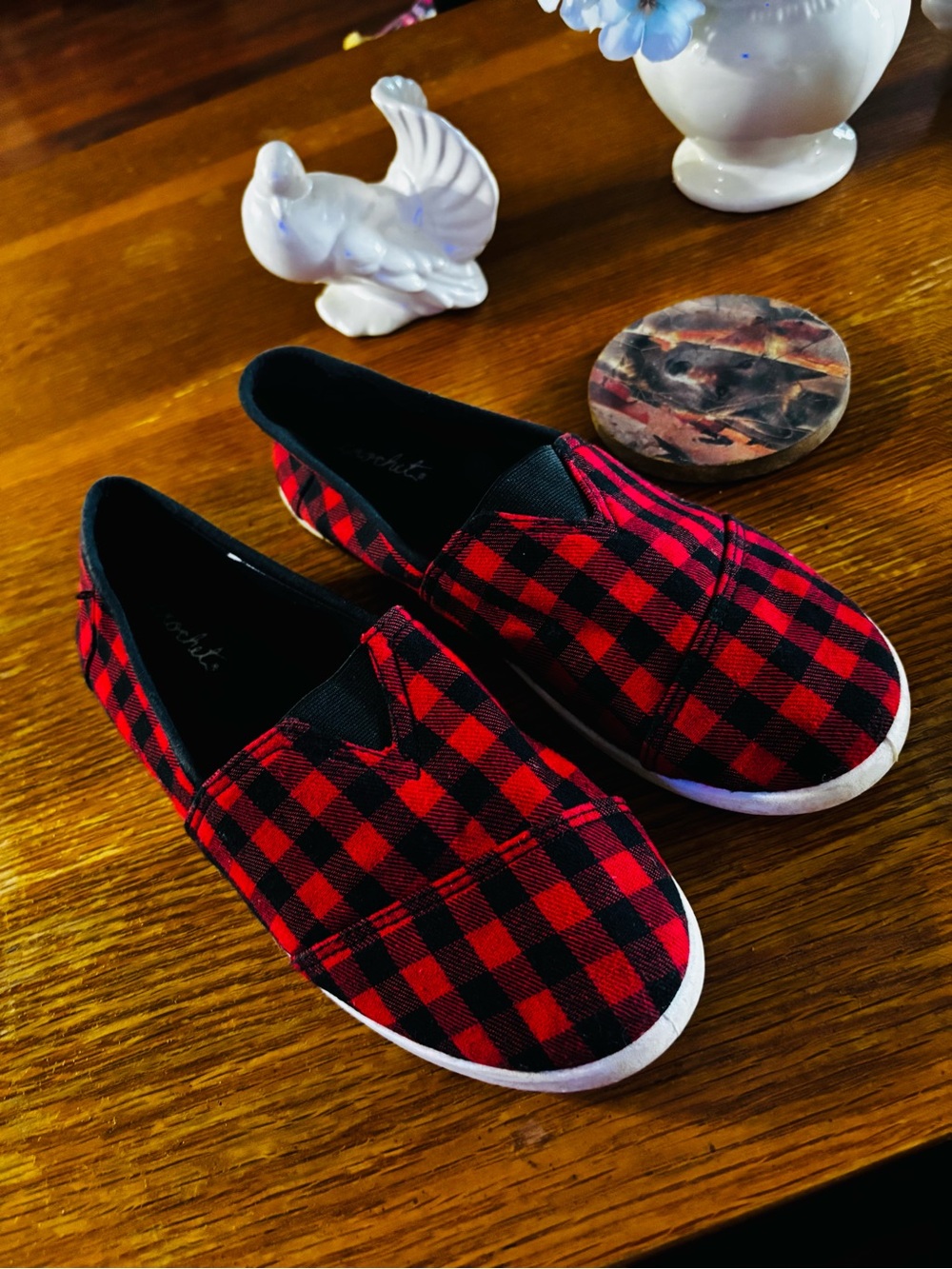 Women’s Red Black Plaid Slip-On Flats, crochet brand loafers